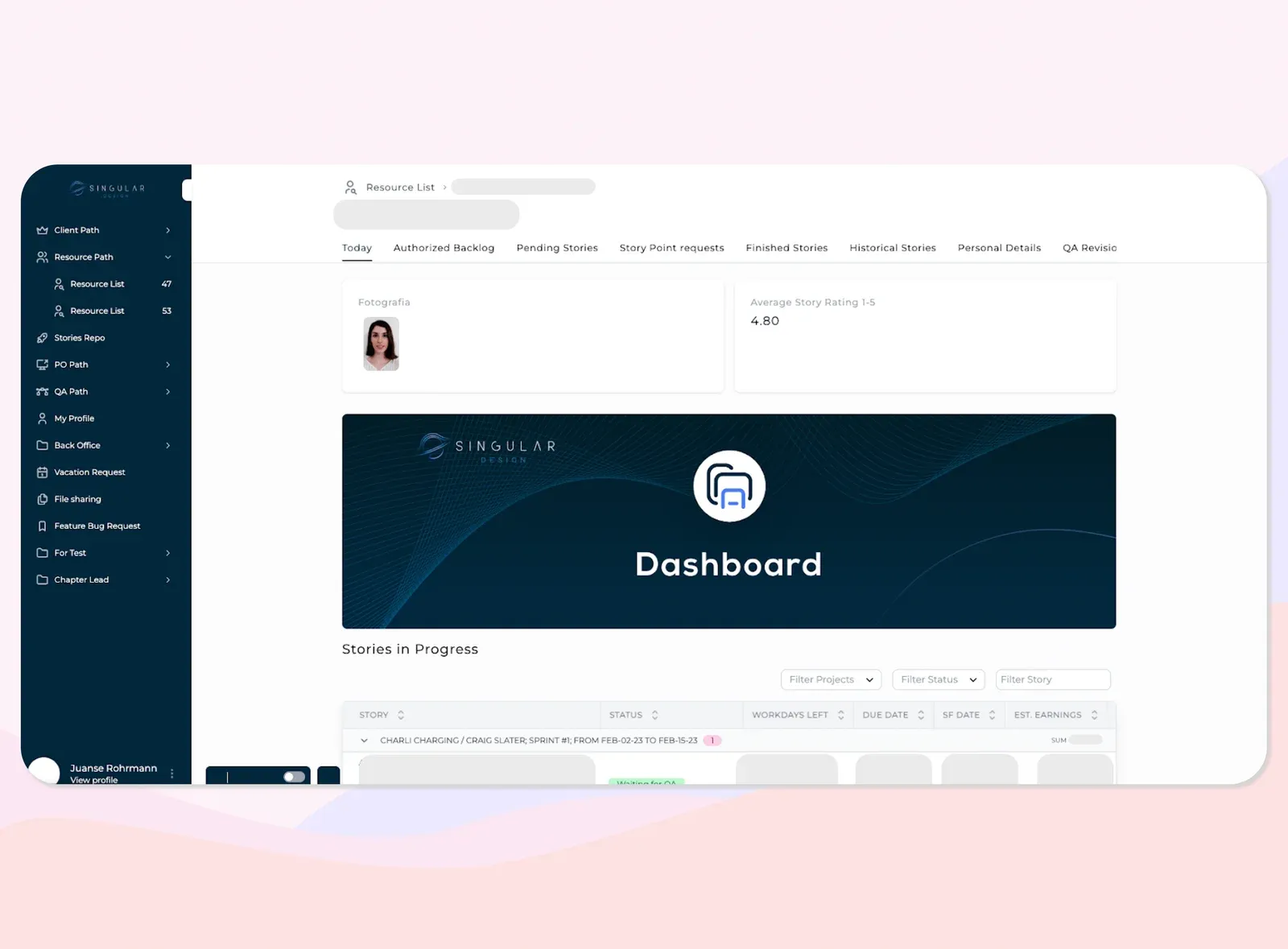 Singular Design’s developer dashboard in Rowmesh, with stories in progress