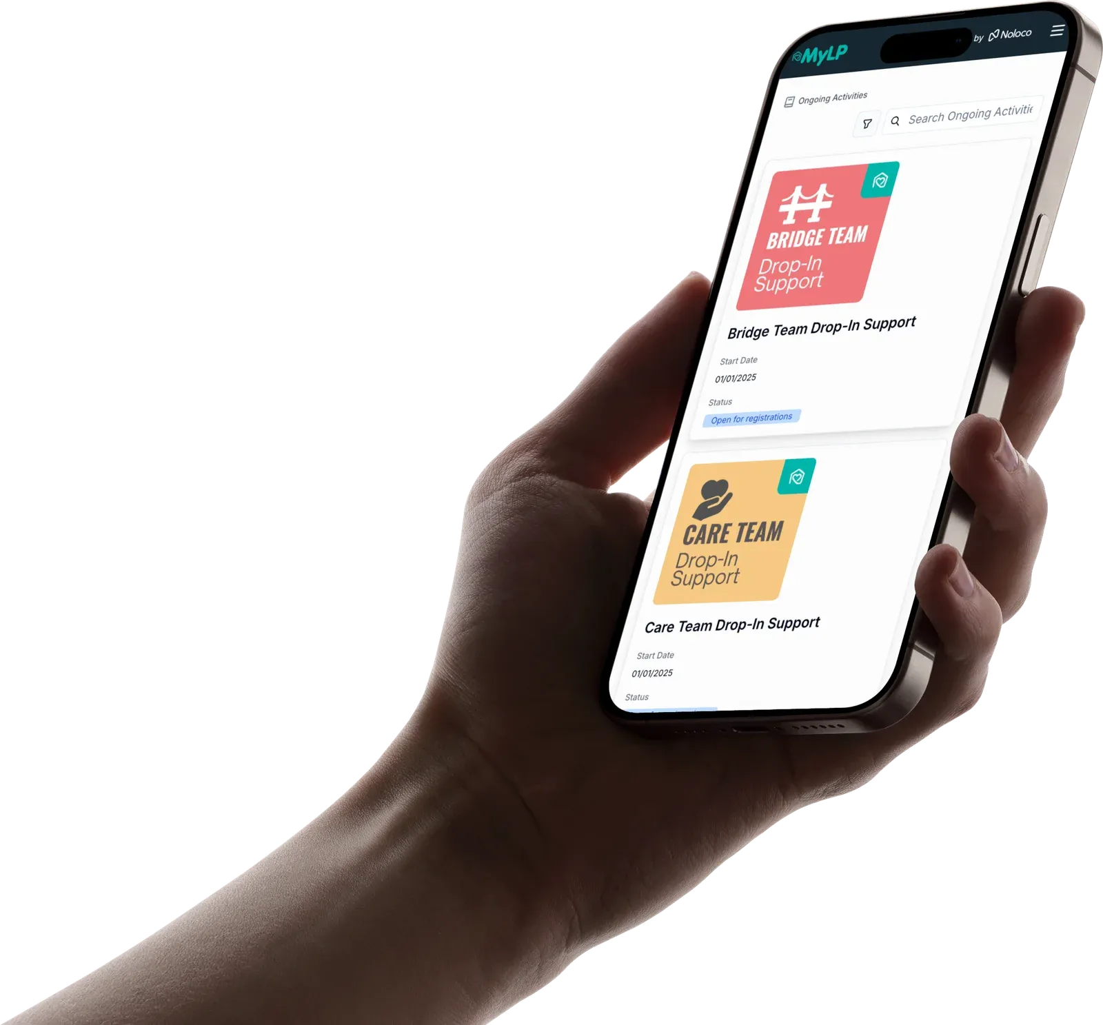 MyLP on a phone, showing drop-in support sessions