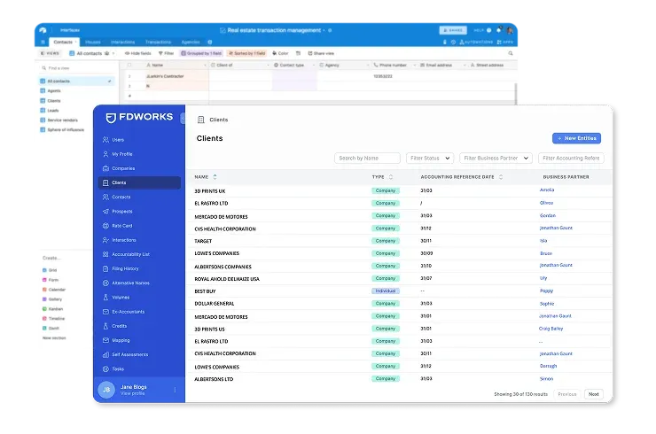 FD Works’ practice management portal in Rowmesh, listing clients, in front of the Airtable base behind it