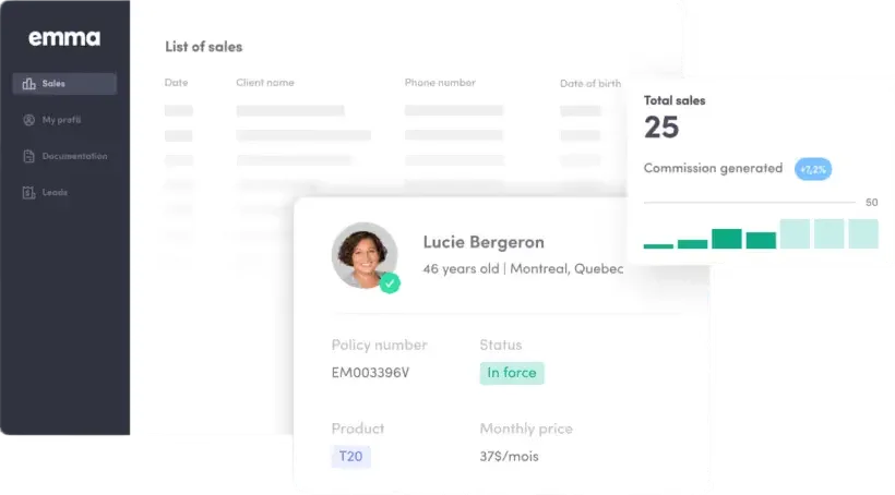 Emma’s advisor app, with a list of sales, a client’s policy details and total sales
