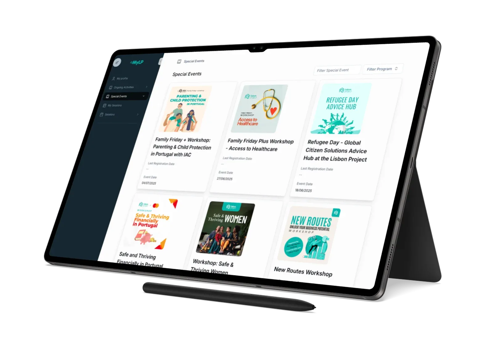 MyLP on a tablet, listing special events and workshops