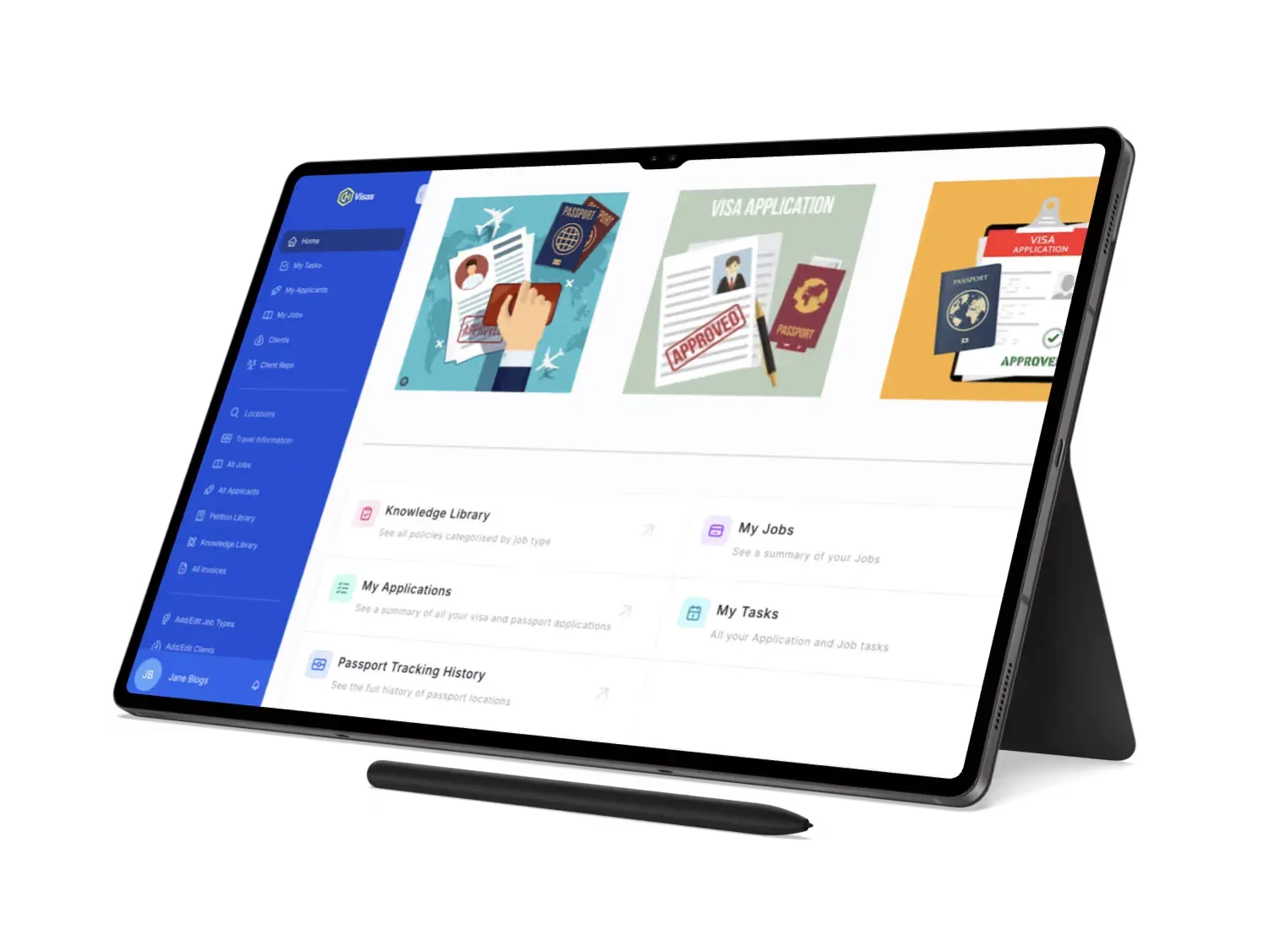 OH-Visas’ Rowmesh app on a tablet, with links to the knowledge library, applications, jobs and tasks
