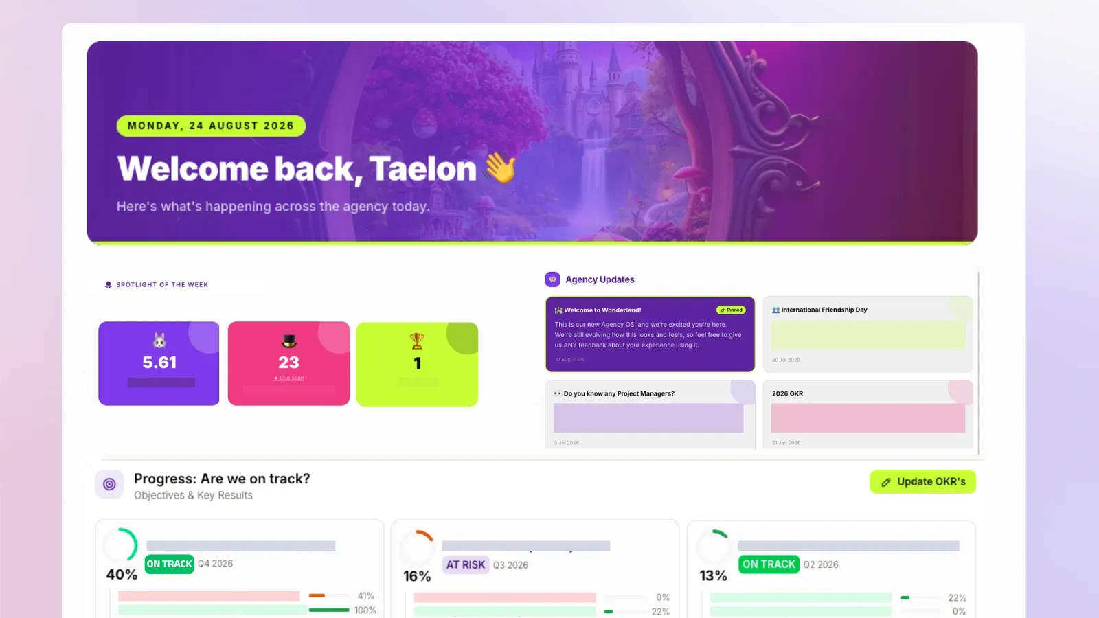The Wonderland dashboard, welcoming Taelon with agency updates and progress on OKRs