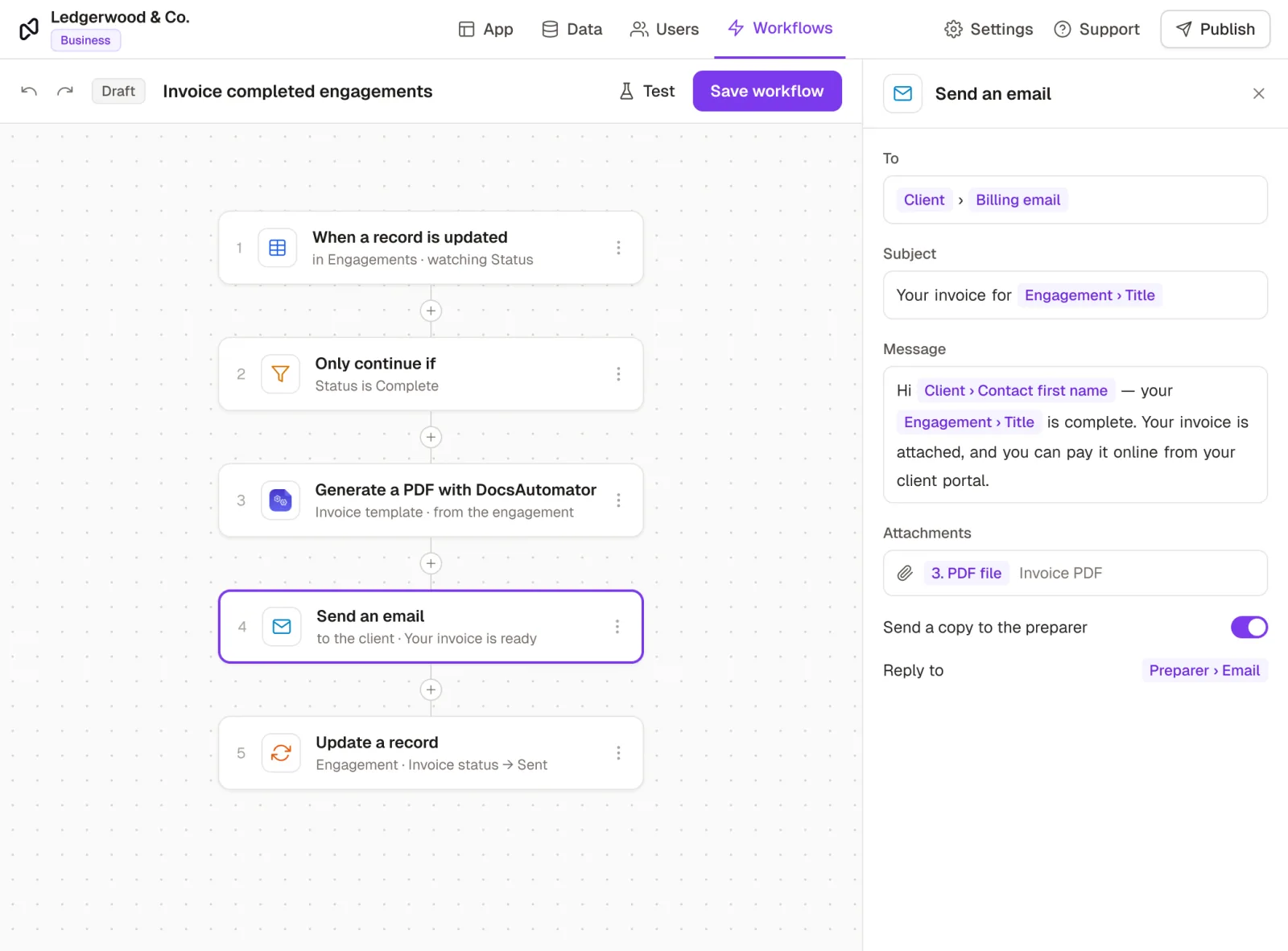 A Rowmesh workflow that invoices completed engagements: when an engagement is marked Complete, generate the invoice PDF with DocsAutomator, email it to the client and set the invoice status to Sent