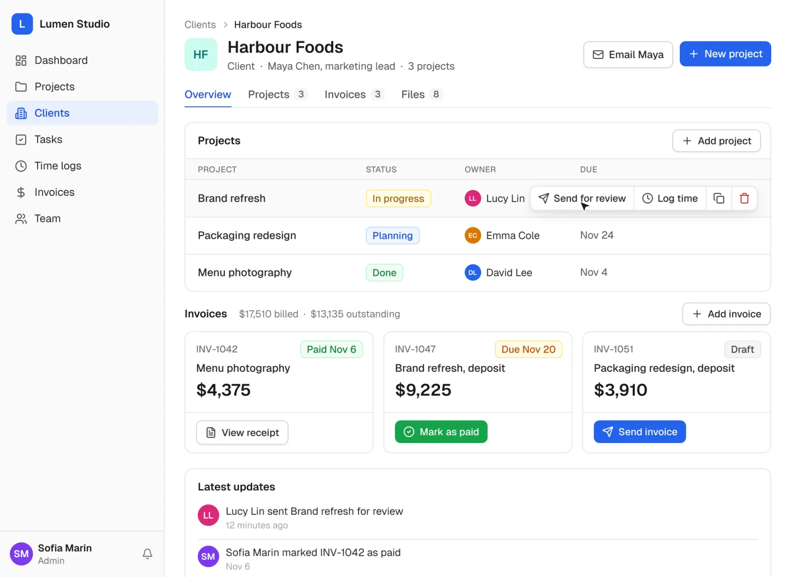 The Harbour Foods client page in a Rowmesh app with action buttons in three places: Email Maya and New project in the page header, a Send for review and Log time button group on a row of the related projects table, and Mark as paid and Send invoice buttons on the related invoice cards