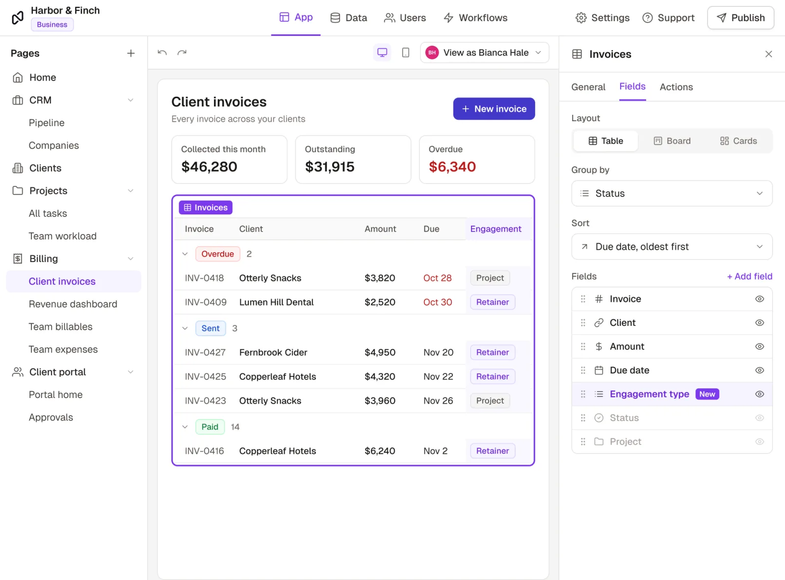 Customizing the Agency OS in Rowmesh's builder: the Client invoices page grouped by status, with a new Engagement type field being added from the view's settings panel