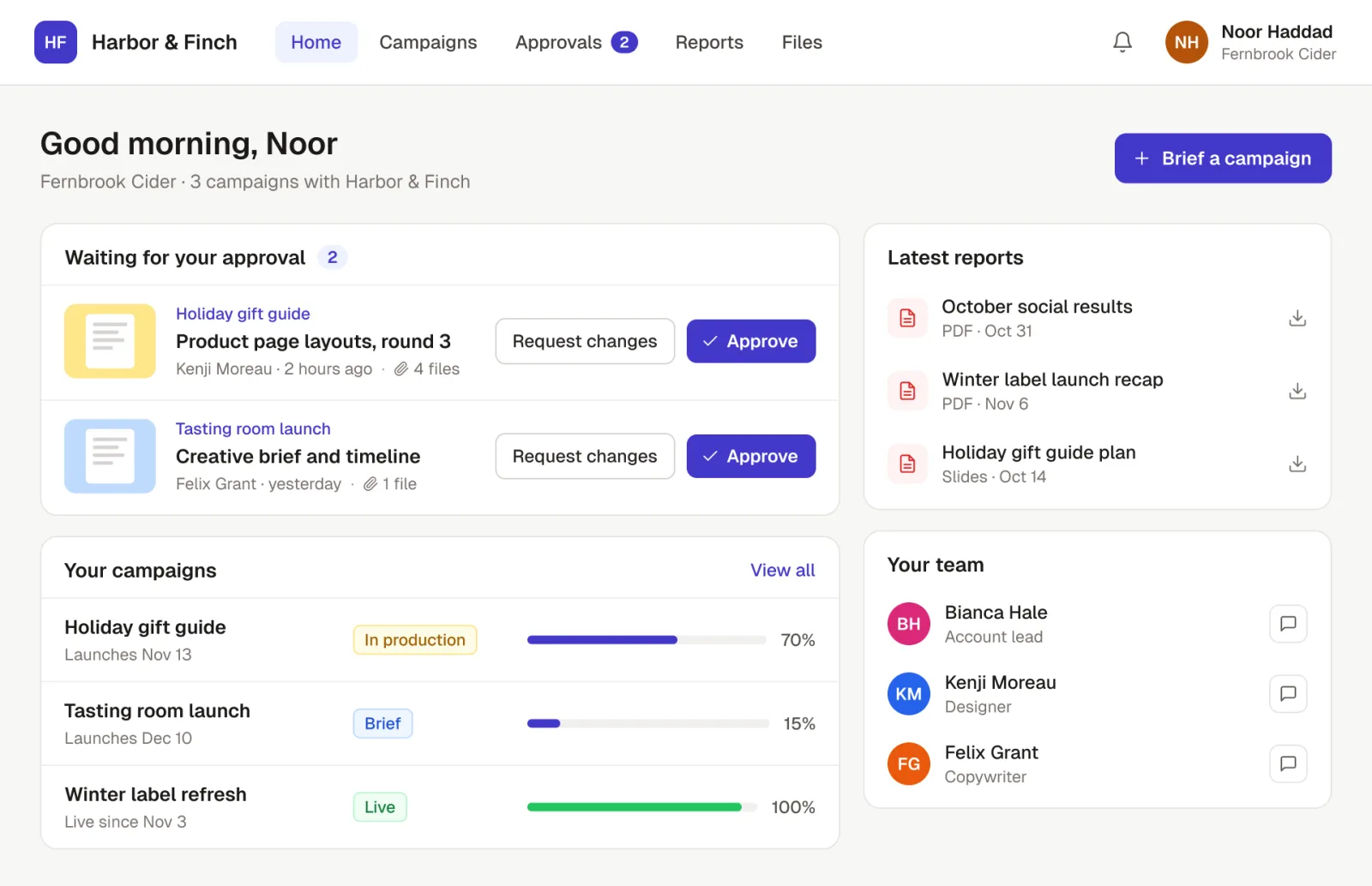 An agency's branded client portal: the client's work waiting for approval with Approve and Request changes buttons, their campaigns with progress, the latest reports and their agency team
