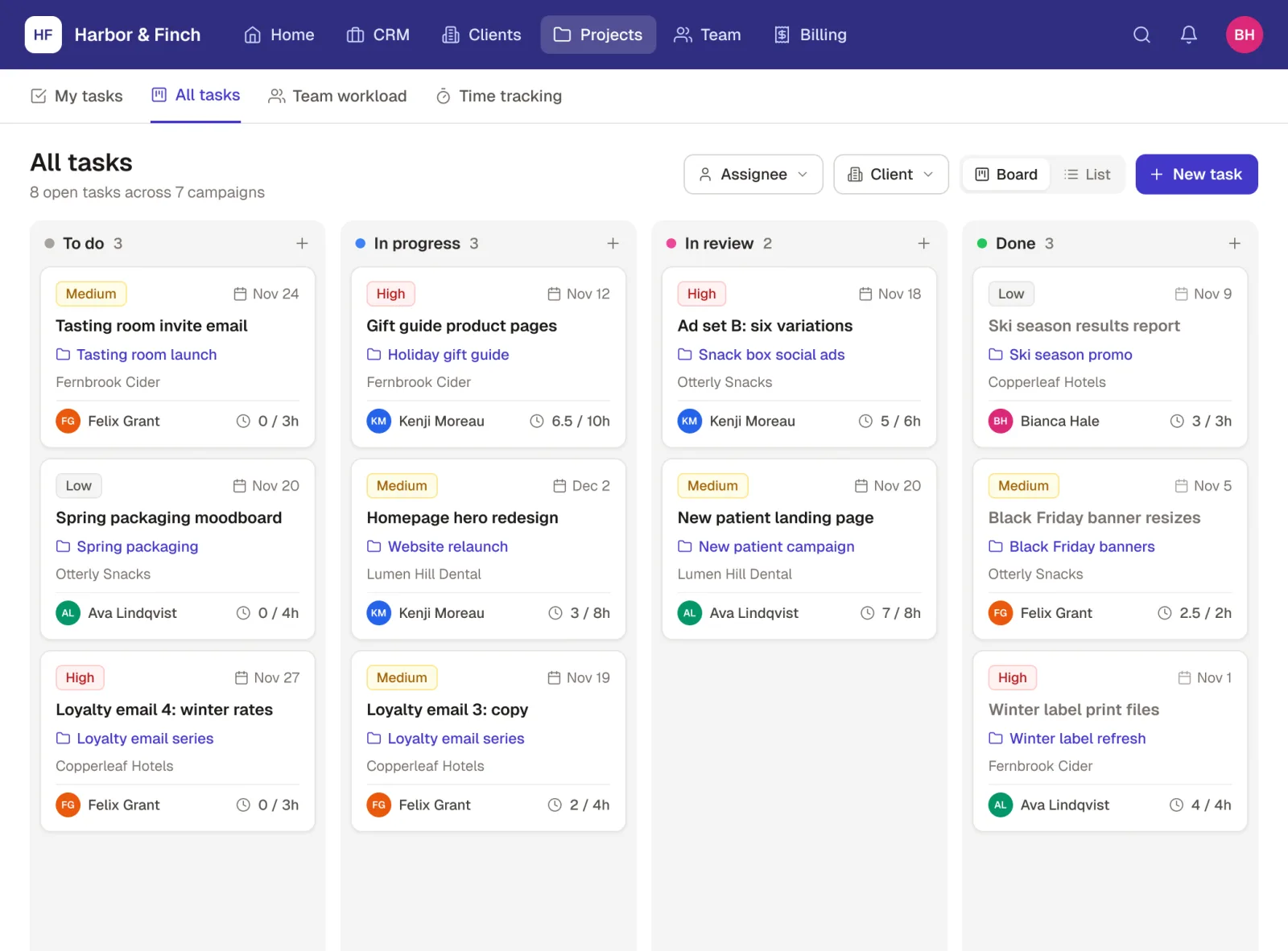 An agency task board in Rowmesh, with CRM, Clients, Projects, Team and Billing in the top bar and tasks grouped into To do, In progress, In review and Done, each with its campaign, client, assignee and hours logged