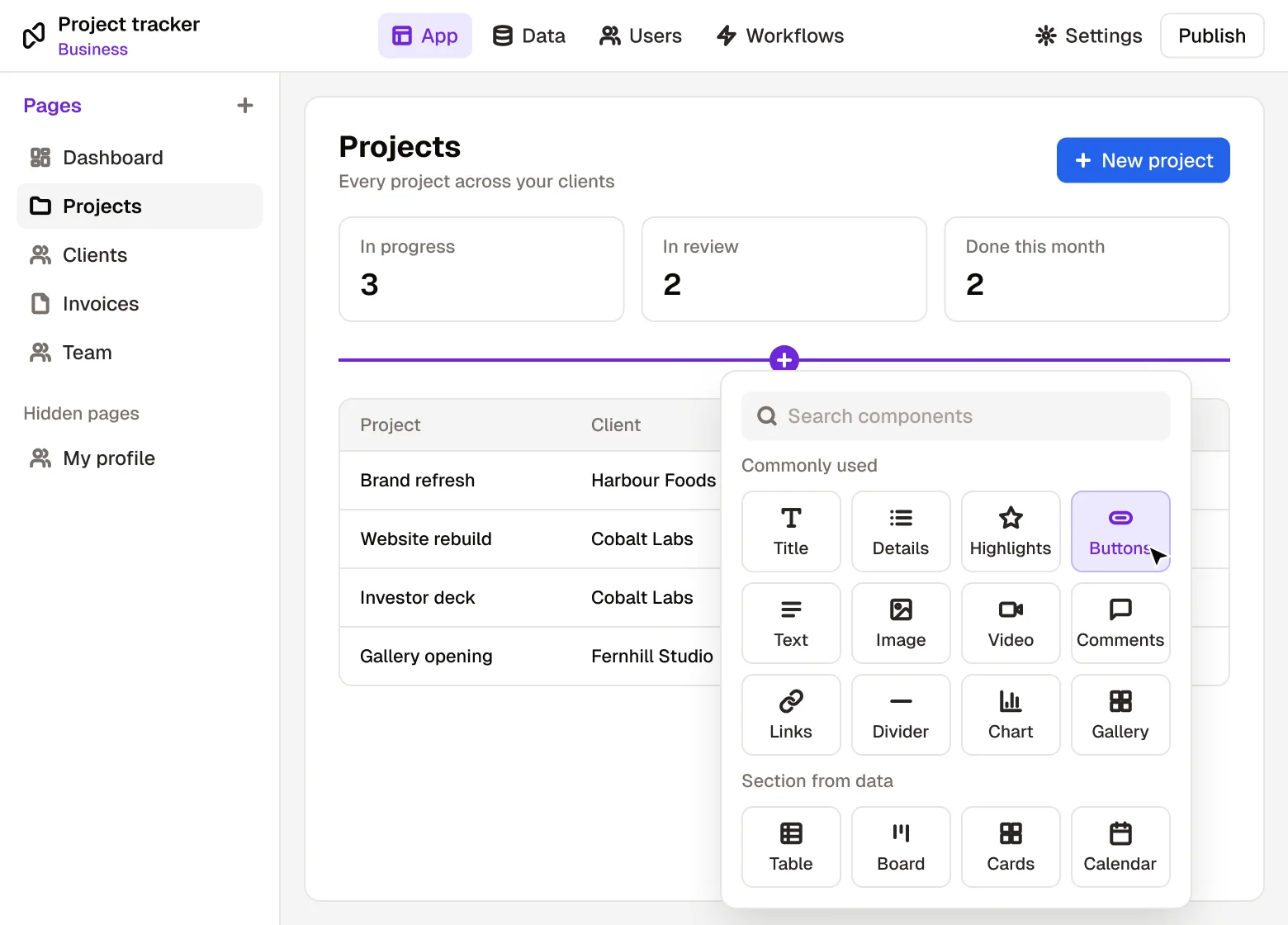 The Rowmesh builder on a Projects page, with the Add a component menu open: title, details, highlights, buttons, text, image, video, comments, links, divider, chart and gallery, plus table, board, cards and calendar sections
