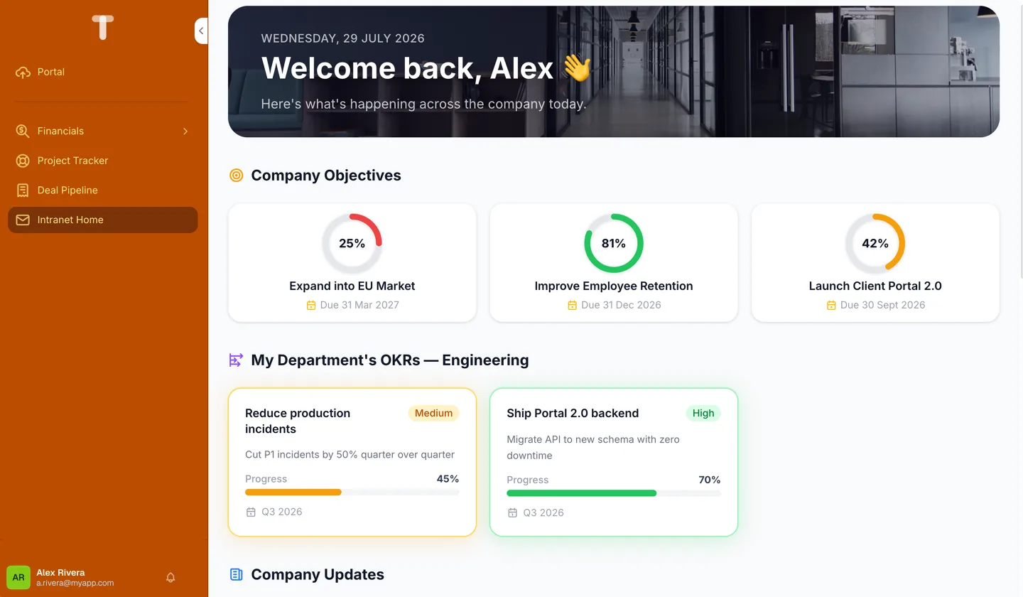 An intranet home with a welcome message, company objectives, department OKRs and company updates