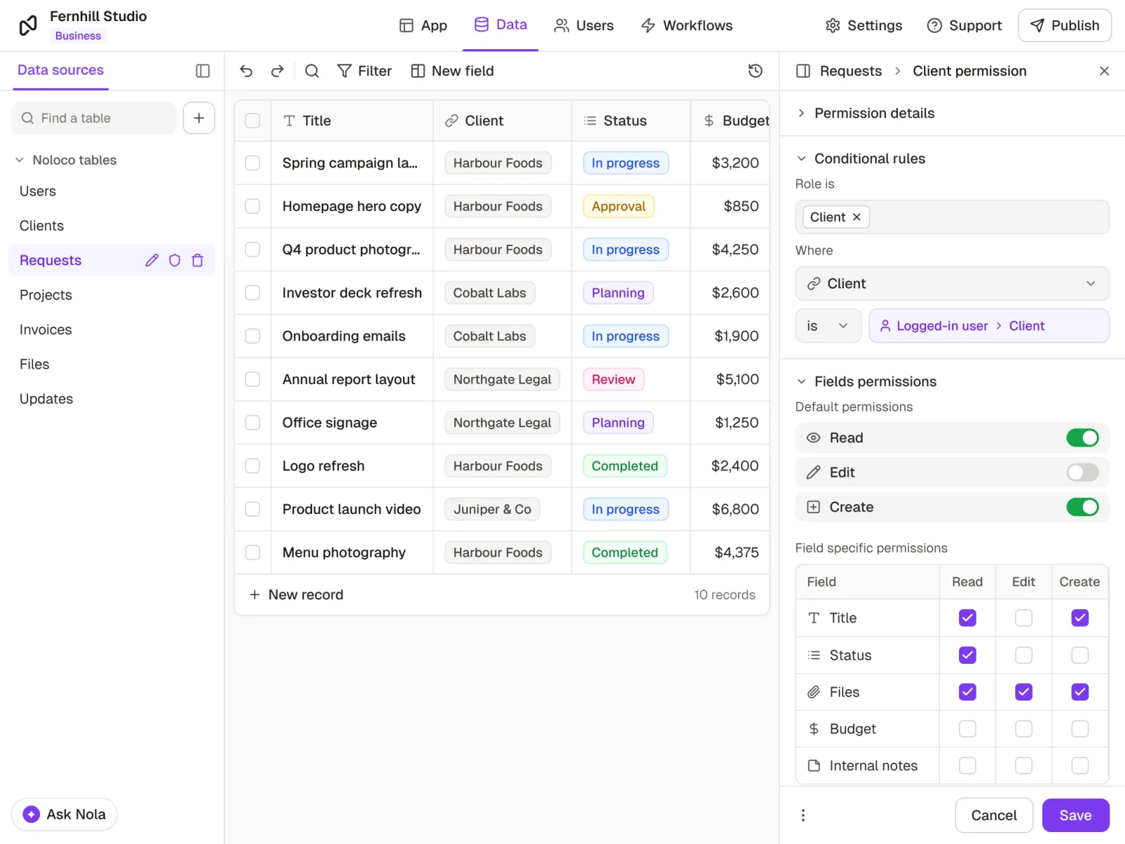 A Client permission on the Requests table in Rowmesh: clients see only requests where Client is the logged-in user's company, can read but not edit, and can't see the Budget or Internal notes fields