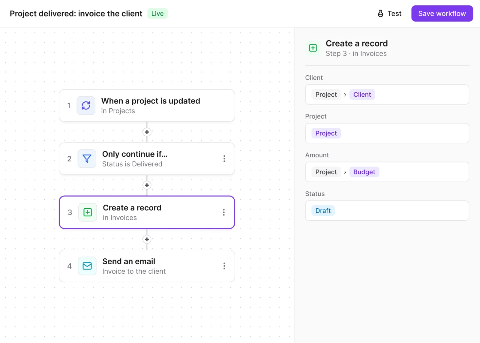 A Rowmesh workflow: when a project is marked Delivered, create an invoice for its client from the project budget, then email it to the client.