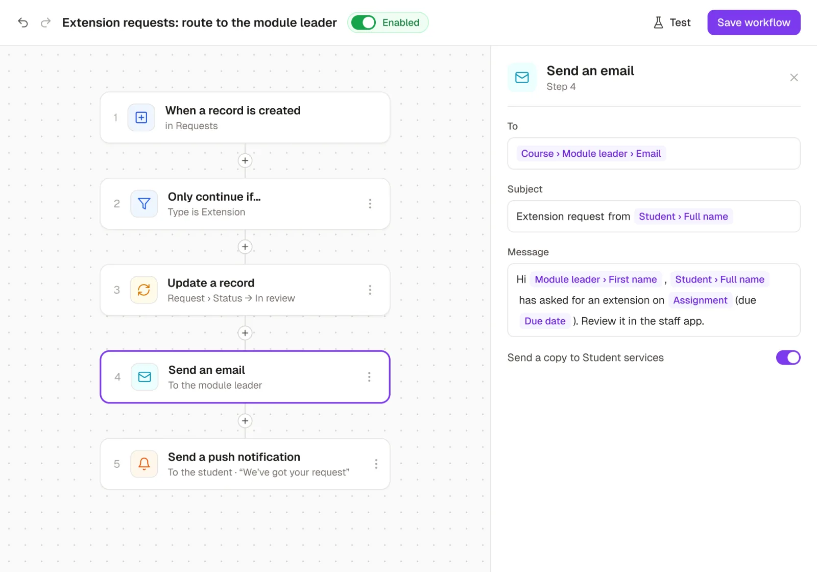 Rowmesh's workflow builder: when a request is created, only continue if it's an extension, set its status to In review, email the module leader and notify the student. The email step is open, with the module leader, student and assignment filled in from the record.