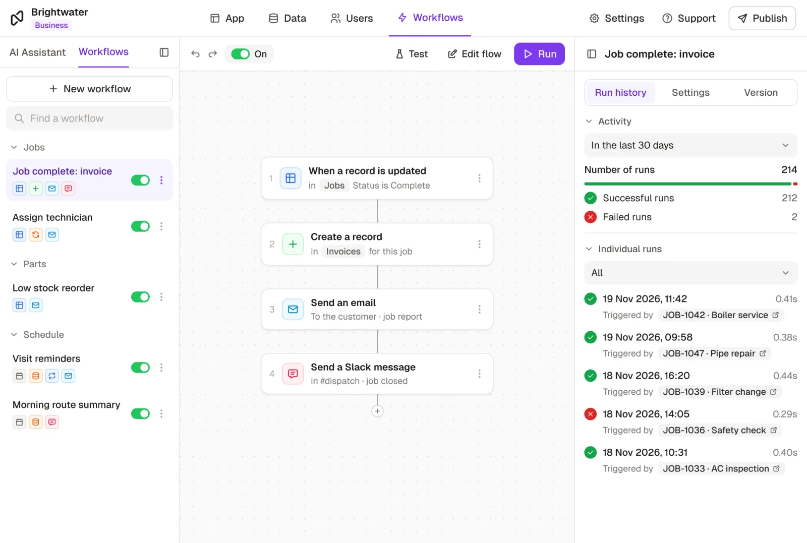 Rowmesh's workflow builder: when a job is marked Complete, create its invoice, email the customer the job report and post in the dispatch Slack channel, with the run history showing the jobs that triggered it.