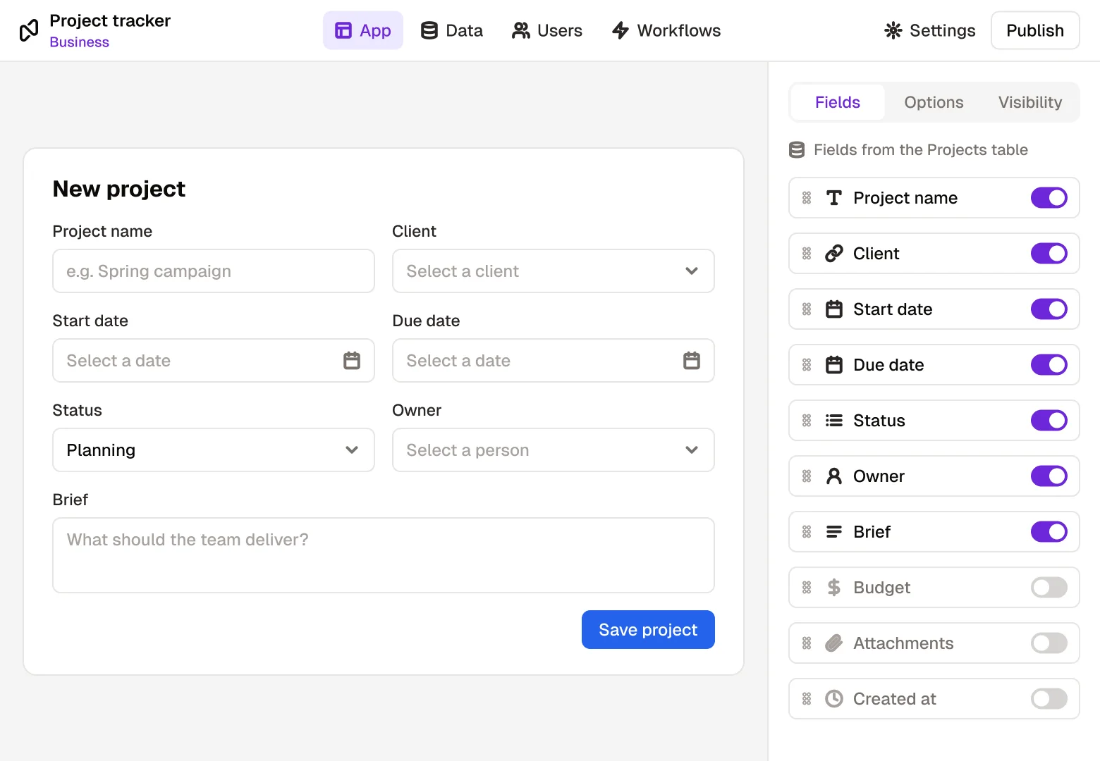 The New project form in the Rowmesh builder, made from the Projects table, with a toggle for each field: name, client, dates, status, owner and brief on, budget, attachments and created at off
