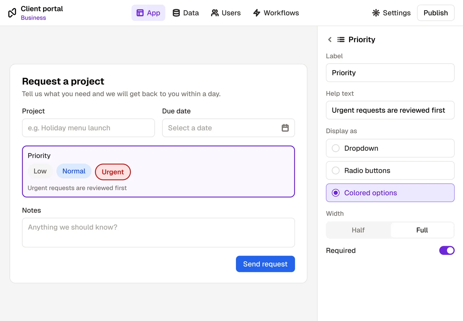 A Priority field selected in a request form, shown as colored options, with its label, help text, display style, width and required settings on the right