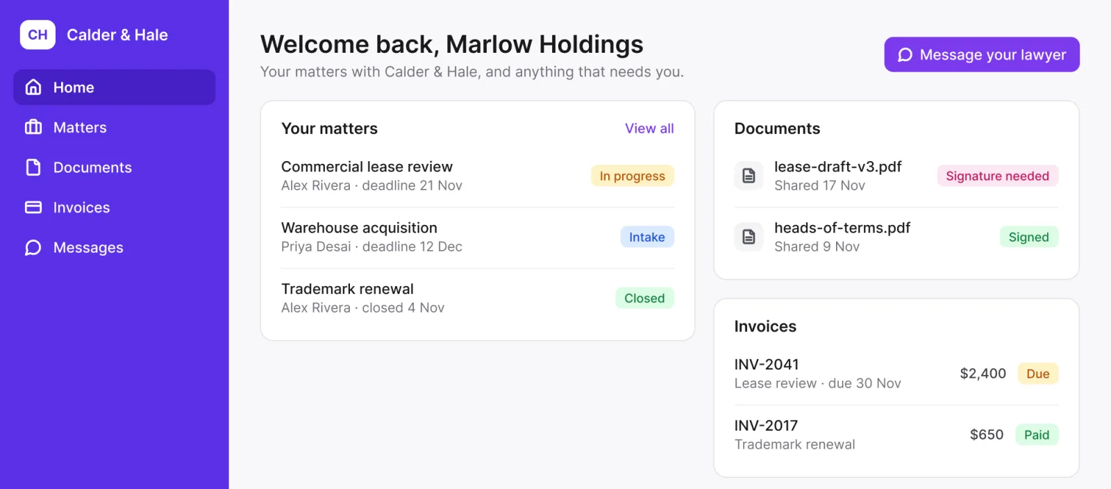 A client portal for Calder & Hale built with Rowmesh, seen as the client: their matters with status and deadline, a document waiting for their signature, and invoices.