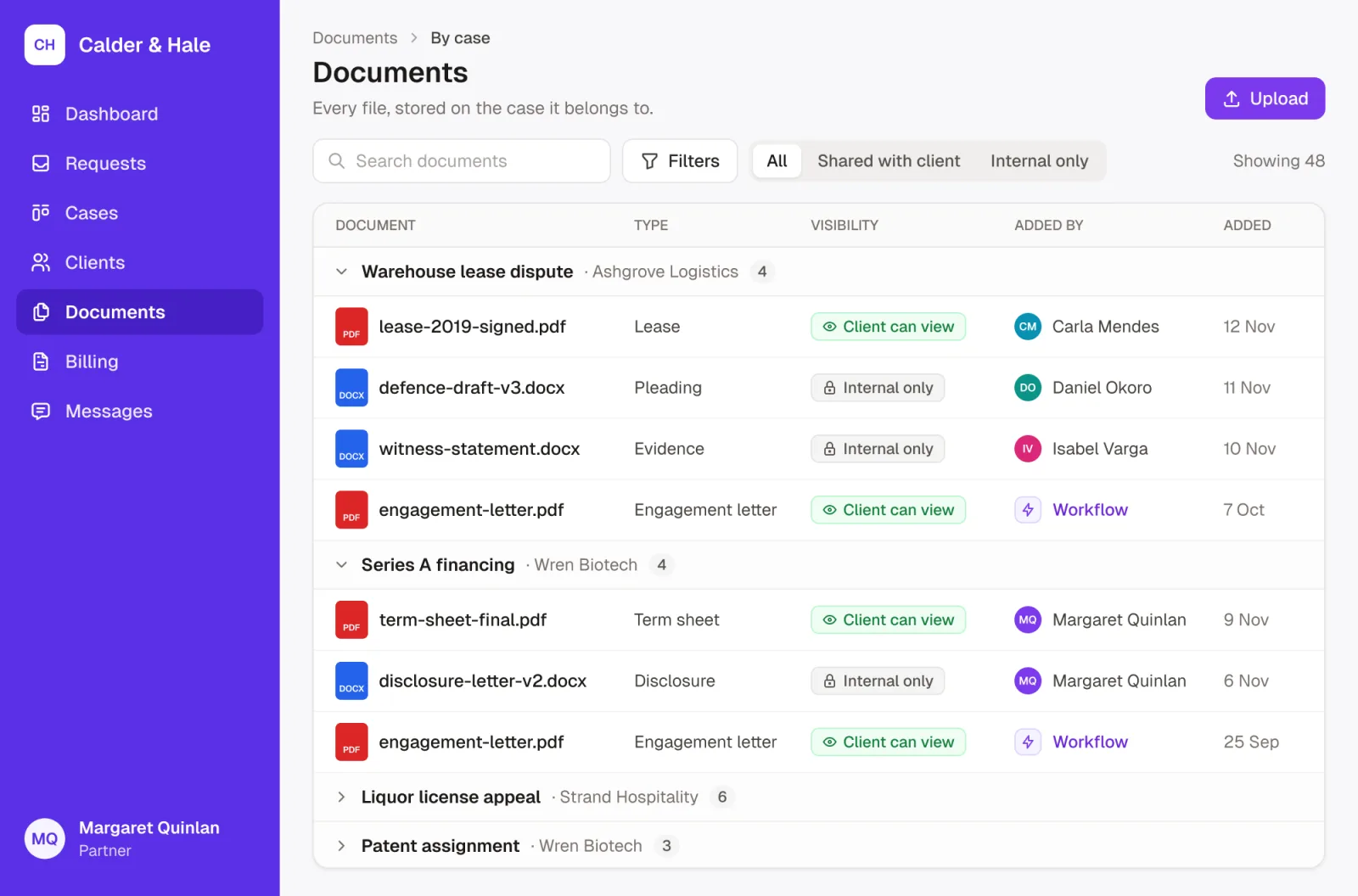Documents in Calder & Hale's Rowmesh app, grouped by case: each file with its type, who added it and whether the client can view it or it's internal only, including engagement letters created by a workflow.
