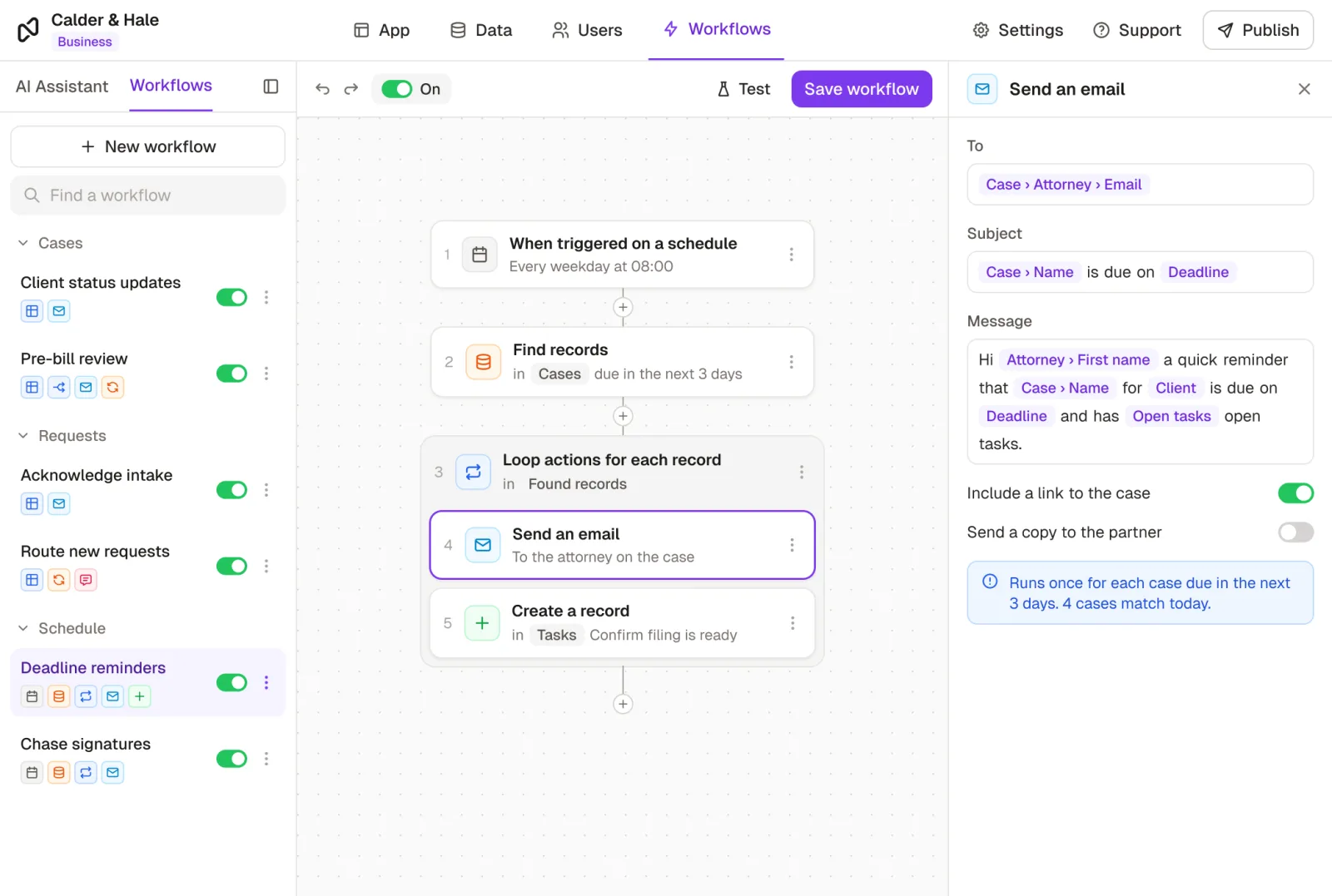Rowmesh's workflow builder: every weekday at 08:00, find the cases due in the next three days and, for each one, email the attorney a reminder and create a task to confirm the filing.