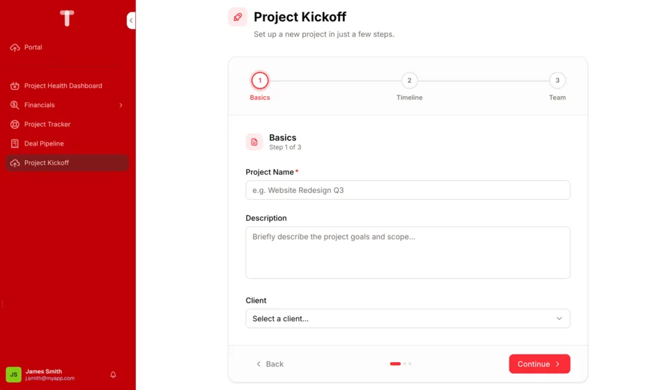 A multi-step project kickoff form
