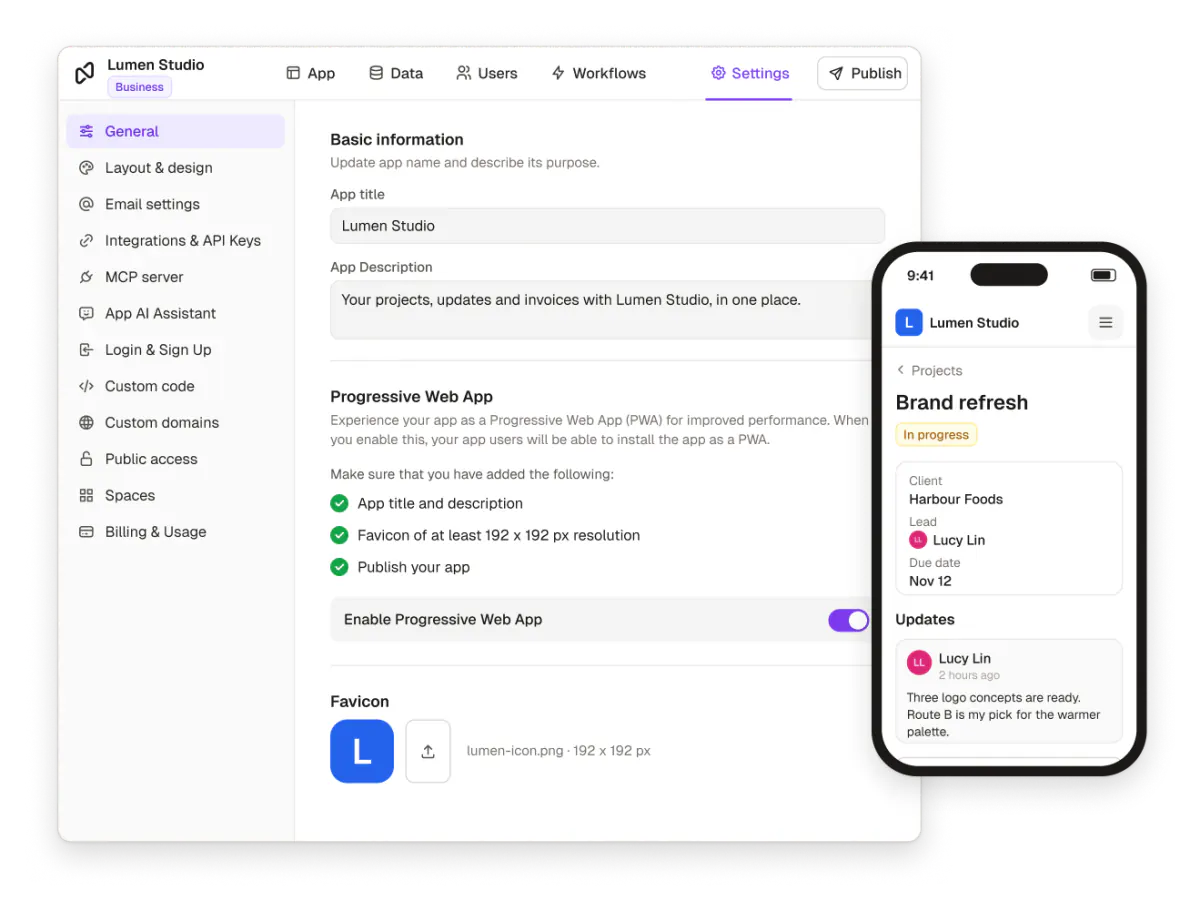 The Progressive Web App setting switched on in Lumen Studio’s general settings, its checklist complete, and the installed app open on a phone