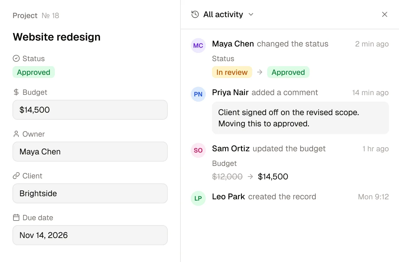 A project record beside its activity history: who changed the status from In review to Approved, who commented, who raised the budget from $12,000 to $14,500 and who created the record, each with a time