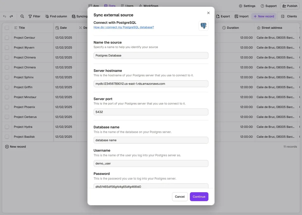 The Data tab in Rowmesh with the "Sync external source" dialog open to connect PostgreSQL: the source name, server hostname, port 5432, database name and username.