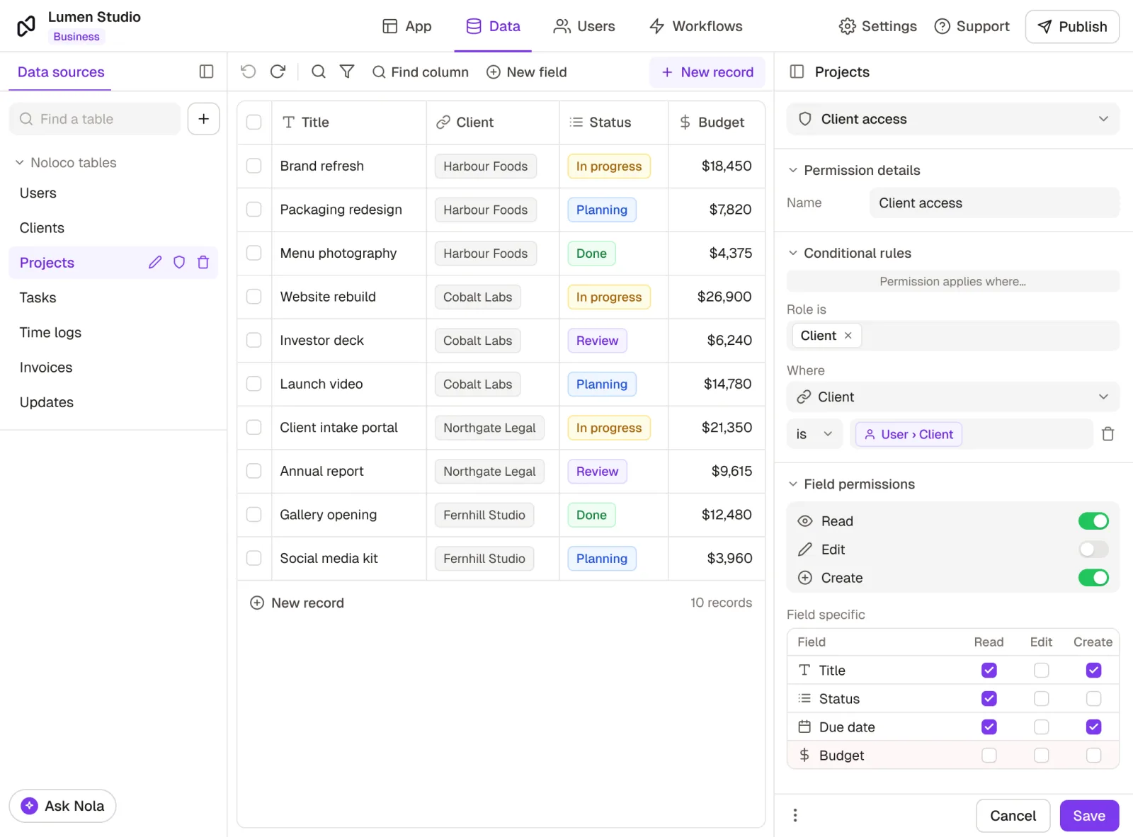 A projects table with a Client access permission open: clients see only projects linked to their own company, can read and create but not edit, and cannot see the Budget field