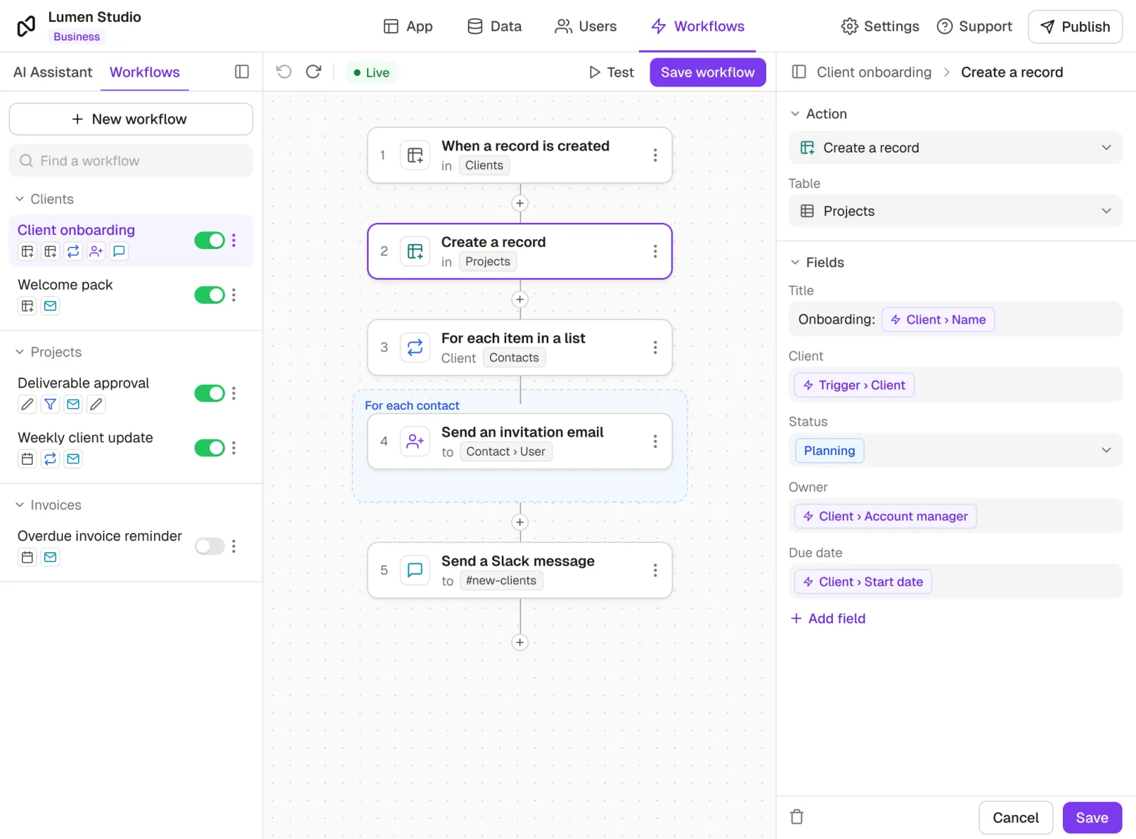 A client onboarding workflow: when a client is created, Rowmesh creates an onboarding project, invites each of the client’s contacts to the portal and posts to Slack, with the project fields mapped in the side panel