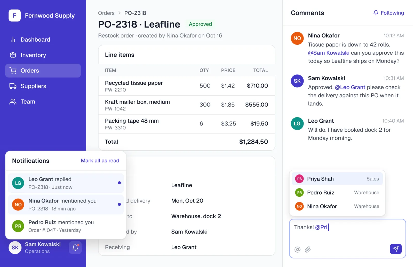 A purchase order in a small business’s inventory app, with a comment thread where teammates @mention each other, a mention being typed and the notification tray open