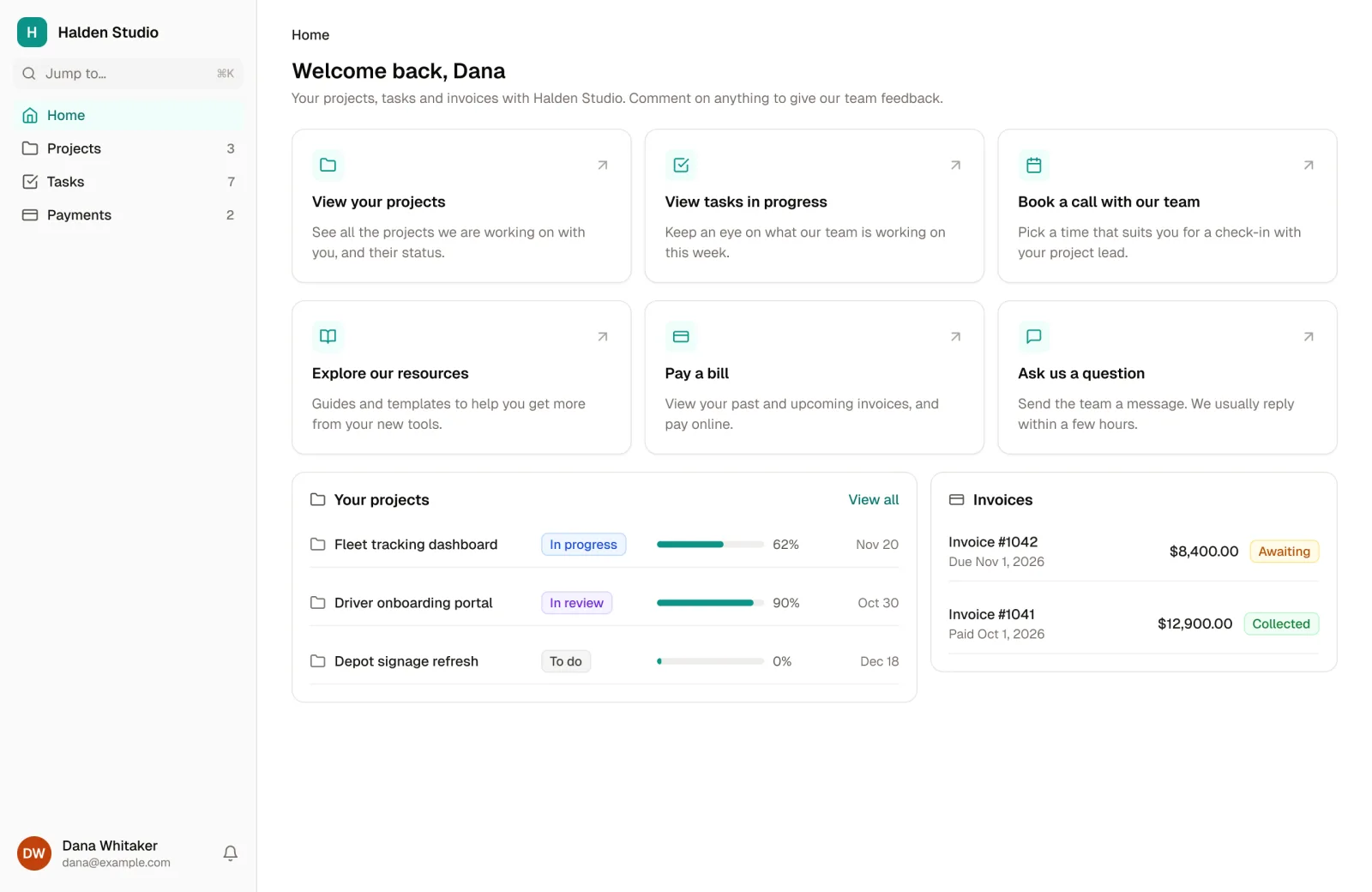 The client's home page in the Client Portal template: links to projects, tasks, calls, resources, bills and questions, then their projects with progress and their invoices