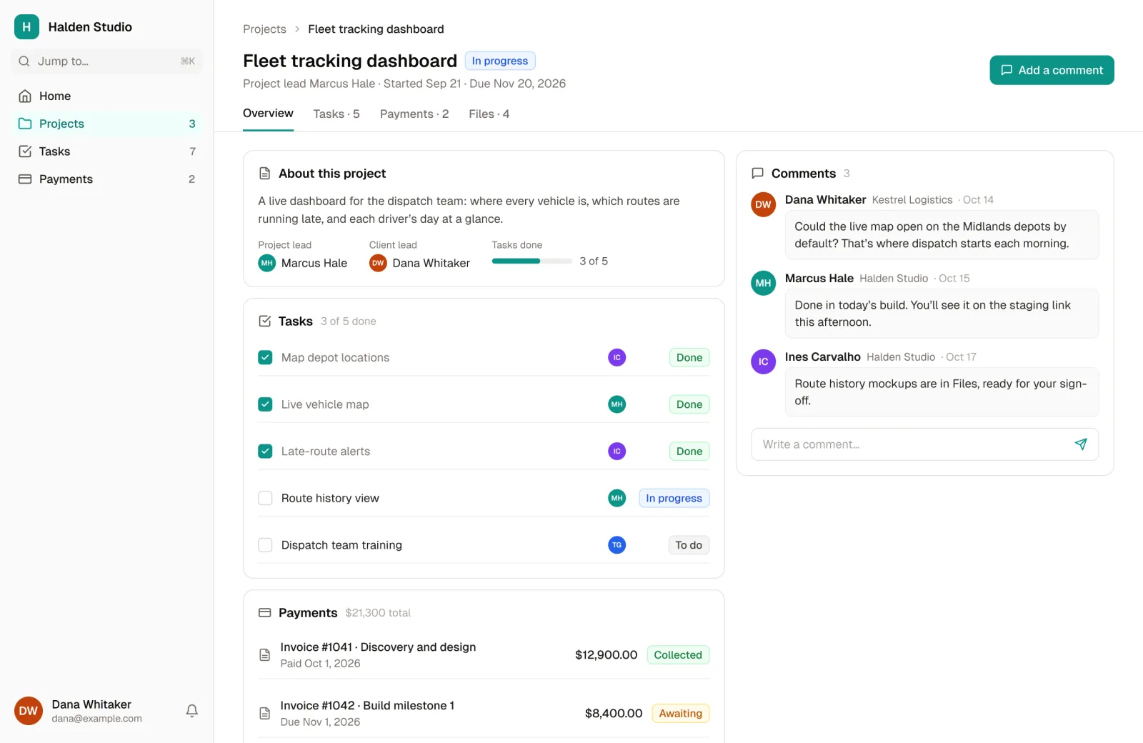 A project in the Client Portal template, as the client sees it: its tasks and their status, its payments, and a comment thread between the client and the team