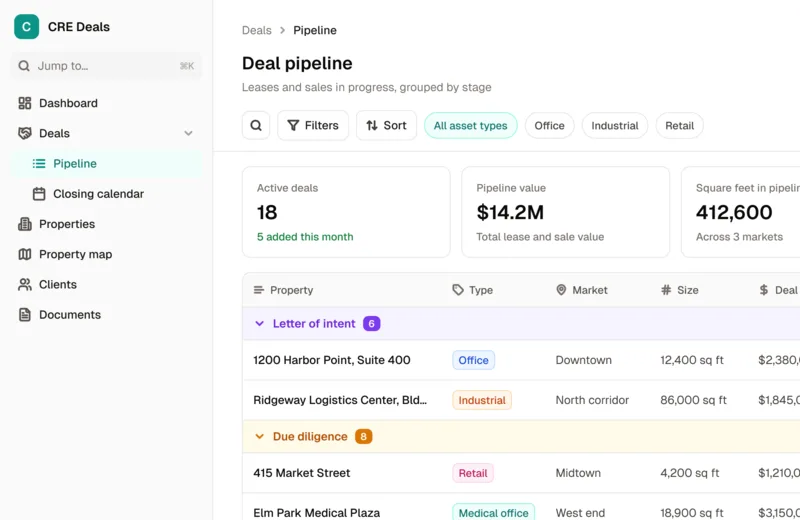 The Commercial Real Estate Management App template's deal pipeline
