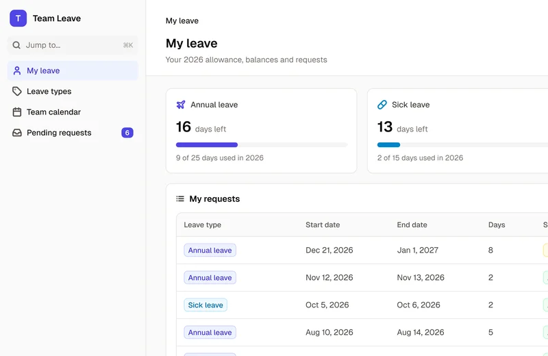 An employee's leave balances and requests in the Employee Leave Tracker template