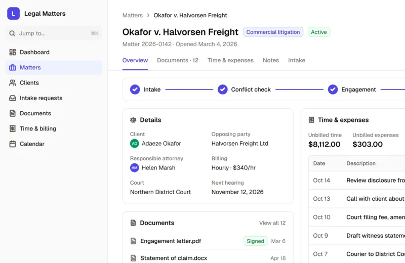 A matter in the Legal Matter Management App template